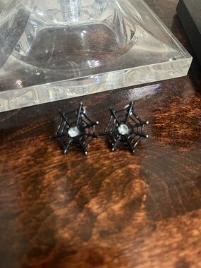 Black Metal Spider Web Stud Earrings with Crystal Center